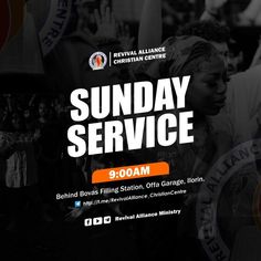 the sunday service flyer is shown in black and white with an orange ribbon around it