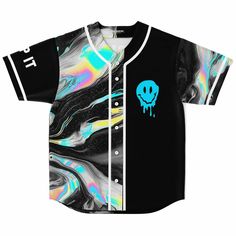 Looking to add some fun and flair to your next event? Check out this custom-made baseball jersey. This eye-catching rave jersey will not only make you look like the hero of the festival but will leave make you become the next talk of the town. Printed in high definition, you can be sure the intricate design of your custom baseball jersey will give you the chance to impress the crowd at your next rave You can be assured that you will look good and feel confident when you wear this rave outfit.Tak Customizable Black Jersey For Streetwear, Fitted Rave T-shirt For Streetwear, Customizable Sporty Baseball Jersey For Streetwear, Blue Baseball Jersey With Sublimation Print For Streetwear, Blue Baseball Jersey With Graphic Print For Streetwear, Sublimation Print Jersey For Streetwear, Jersey With Sublimation Print For Streetwear, Streetwear Jersey With Sublimation Print, Black Graphic Print Jersey For Streetwear