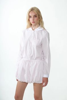 WILBUR TOP IN PINK STRIPE – SANDY LIANG Pink Long Sleeve Blouse For Loungewear, Pinstripe Long Sleeve Top With Striped Cuffs, White Long Sleeve Blouse With Striped Collar, Long Sleeve Tops With Striped Collar For Loungewear, Daywear Tops With Striped Spread Collar, Daywear Striped Blouse With Striped Collar, Pinstripe Blouse With Striped Collar And Long Sleeves, Spring Pinstripe Long Sleeve Blouse, Spring Daywear Top With Striped Cuffs