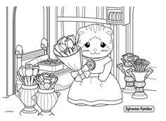 a coloring page with a cat holding flowers in front of a fireplace and potted plants