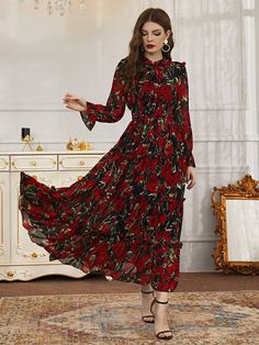 Floral Print Flounce Sleeve Ruffle Hem Dress | SHEIN USA Spring Dresses Women, Flare Sleeve Dress, Chiffon Floral, Floral Dresses Long, Chiffon Long Sleeve, Ruffle Hem Dress, Flounce Sleeve, Women Maxi, Maxi Dresses Casual