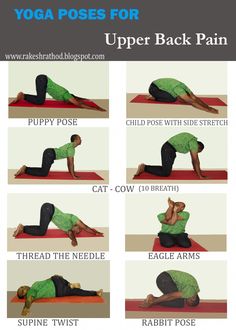 a woman doing yoga poses for upper back pain with the instructions on how to do it