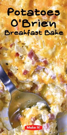 potatoes o'brien breakfast bake with a spoon in it