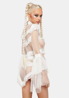 Saints & Sinners Fishnet Mini Dress – Dolls Kill Bell Sleeve Mini Dress, Holographic Bag, Saints And Sinners, Pride Outfit, Rave Festival, Rave Wear, Burning Man, Trim Detail, White Mini Dress