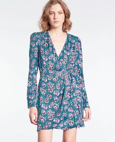 Short printed wrap dress | The Kooples - US Printed Wrap Dresses, The Kooples, Detail Shop, Modern Outfits, Printed Shorts, Dress Length, Pink Blue, Wrap Dress, Floral Prints