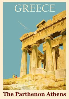 an old poster with the words greece and two people standing in front of some ancient ruins