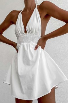 Lasaky - Sleeveless White Dress with Deep V-Neck, Waist Tie, and Padding Sleeveless White Dress, Halterneck Mini Dress, Sleeveless Skirt, Casual White Dress, White Sleeveless Dress, Short Mini Dress, Halter Style, Wide Waistband, Waist Dress