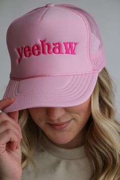 Adjustable mesh back PINK trucker hat Soft pink hat with hot pink embroidered "yeehaw" Such a fun piece to add to any outfit, dress it up or dress it down! Pink Trucker Hat, Pink Coquette, Outfit Dress, Pink Hat, Embroidery Ideas, Trucker Hats, Everyday Outfits, Soft Pink, Machine Embroidery Designs