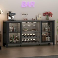 a bar with several bottles and wine glasses on the top shelf next to a chair