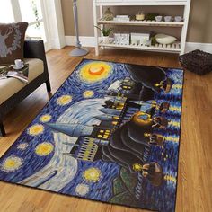 a living room area rug with a van gogh starry night painting on the floor