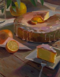 an oil painting of a cake on a table with lemons and oranges in the background