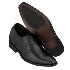 These classic black Derbies from TallMenShoes.com offer timeless style that will stay in your wardrobe for a long time. A pair of dress elevator shoes featuring timeless style should be made to last, and these CALTO black lace-up Derbies are built for exactly that. The genuine Oxhide leather is soft, supple and double stictched, and the rubberized bottom sole features Goodyear welt construction, offering comfort and flexibility. The plain, pointy toe meshes perfectly with tuxedo pants and other Black Snip Toe Leather Shoes For Formal Occasions, Black Snip Toe Dress Shoes For Office, Formal Black Leather Shoes With Snip Toe, Black Snip Toe Leather Shoes For Business, Black Dress Shoes With Rubber Sole And Snip Toe, Black Moc Toe Lace-up Shoes For Formal Occasions, Black Plain Toe Leather Shoes For Formal Occasions, Black Plain Toe Formal Leather Shoes, Black Plain Toe Dress Shoes For Business Casual