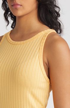 A stretchy rib skims your figure in this comfy, everyday dress with side slits, a racerback and a scoop neckline. Scoop neck Racerback 50% viscose, 44% polyester, 6% elastane Machine wash, dry flat Imported Summer Ribbed Tank Top With Scoop Back, Ribbed Bodycon Tank Top For Summer, Ribbed Bodycon Tank Top, Bodycon Scoop Neck Tank Top For Spring, Spring Bodycon Scoop Neck Tank Top, Casual Bodycon Tank Top With Scoop Neck, Casual Scoop Neck Tank Top, Casual Bodycon Scoop Neck Tank Top, Orange Fits