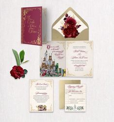 wedding stationery with red roses and gold trim