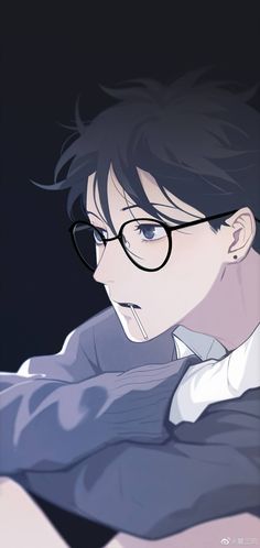 an anime character with glasses looking at something