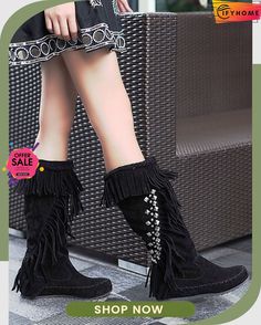 Studded Tassel Western Moccasin Boots Western Boots With Tassels And Round Toe, Flat Suede Boots For Fall, Fall Tassel Boots With Round Toe, Western Style Flat Heel Winter Boots, Casual Fringe Boots With Round Toe, Winter Fringe Ankle Boots, Casual Winter Boots With Fringe, Casual Fringe Winter Boots, Casual Winter Fringe Boots