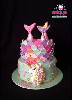 a birthday cake decorated with an image of a mermaid's tail and two unicorns on top