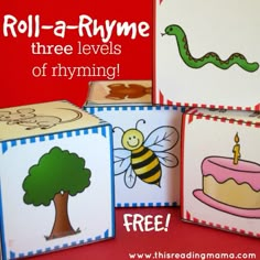 four cards with pictures of animals, trees and a cake on them that read roll - a - rhyme three levels of rhyming