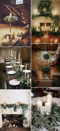 four different pictures with candles and greenery on the table in front of an open fire place