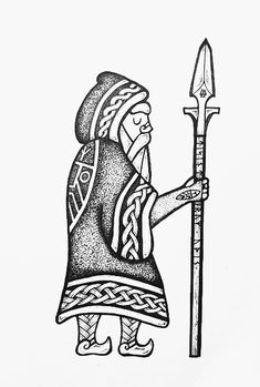 an ink drawing of a man holding a spear and wearing a hat with braids