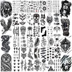 an assortment of temporary tattoos on a white background with black and white ink, including symbols