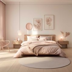 a bedroom with white walls and wooden flooring is pictured in this image, the bed has pink linens on it