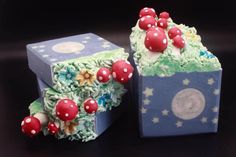 two cakes made to look like mushrooms and stars