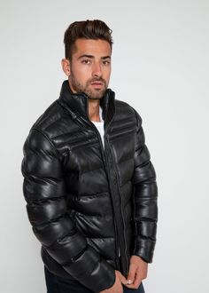 Fadcloset Men's Crimson Black Puffer Winter Down Leather Jacket with F - Himelhoch's Department Store Urban Leather Winter Outerwear, Casual Black Leather Puffer Jacket, Casual Quilted Biker Jacket For Winter, Leather Puffer Jacket With Padded Collar, Black Quilted Leather Jacket For Winter, Quilted Leather Puffer Jacket For Cold Weather, Classic Black Winter Puffer Jacket, Black Quilted Down Jacket For Cold Weather, Black Down Quilted Jacket For Cold Weather