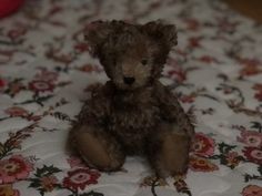 a brown teddy bear sitting on top of a flowery bed spread with red and pink flowers