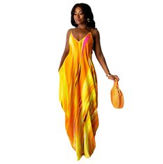 Sexy Fashion Streetwear Tie Dye Print Sleeveless Strap V-neck Women Sundress Loose Maxi Dress Orange V-neck Sleeveless Summer Dress, Trendy V-neck Party Sundress, V-neck Sleeveless Dress For Beach Party, Beach Season V-neck Sleeveless Party Dress, Beach Season V-neck Sleeveless Dress For Party, V-neck Sleeveless Dress For Beach Season, Orange V-neck Sundress, Halter Neck V-neck Dress For Summer Beach, Summer Halter Neck V-neck Dress For Beach