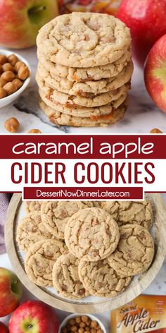 caramel apple cider cookies stacked on top of each other with apples in the background