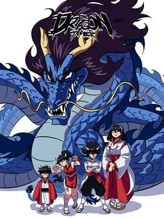 the dragon and her children are standing in front of an evil looking blue dragon with its mouth