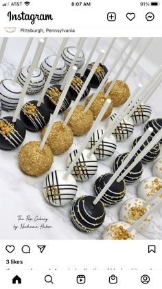 an instagram page with cake pops and chocolate covered strawberries in gold, white and black