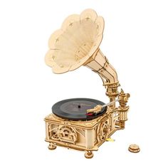 a golden record player with an antenna on it's head and the words robotime above it