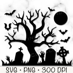 a black and white halloween scene with tombstones, bats and a tree in the background