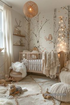 a baby's room decorated in white and gold with lots of lights on the wall