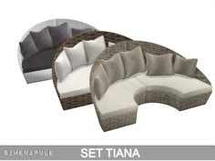 three different types of outdoor furniture with white and gray cushions, one is made out of wicker