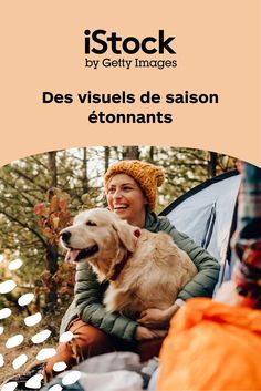 a woman and her dog are camping in the woods with text that reads, stock by ge