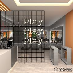 an image of a play room that is very clean and organized with the words play, play, play on it