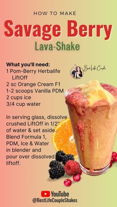 Let's make it together!
2 scoops Orange Cream Healthy Meal Mix.
1-2 scoops Vanilla PDM Shake Base.
1 Pomberry LiftOff.
2 cups ice .
¾ cup water.

In serving glass, dissolve crushed LiftOff in 1/2" of water & set aside.
Blend Formula 1, PDM, Ice & Water in blender and pour over dissolved liftoff.

bitly dot com forward slash buy herbalife here Herbalife Protein, Tea Recipes Diy, Protein Shakes Recipes