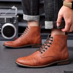 Russoo - Mens Casual Lace-up Ankle Boots: PU Leather, Cap Toe Design, with Pull Tabs for Easy Wear - Ideal for Walking Casual Fitted Martin Boots For Spring, Casual Cap Toe Outdoor Boots, Casual Cap Toe Boots For Fall, Casual Fitted Lace-up Boots For Fall, Fitted Casual Lace-up Boots For Fall, Casual Cap Toe Lace-up Boots For Fall, Casual Winter Cap Toe Boots, Casual Fitted Lace-up Boots, Casual Winter Martin Boots