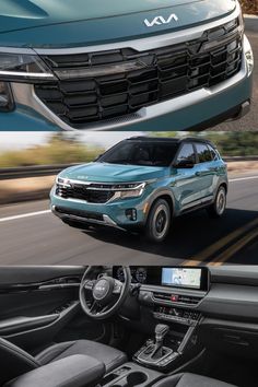 the front and back view of a blue suv driving down a road with other vehicles