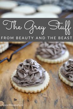 the gray stuff from beauty and the beast cookies on a wooden table with text overlay