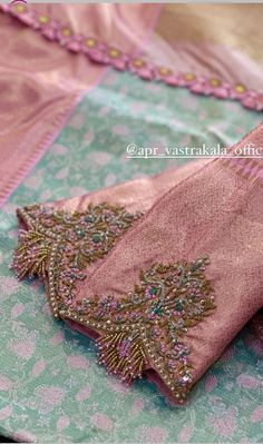 Green Saree With Pink Blouse Aari Work, Semi-stitched Gold Blouse Piece With Handwork, Pink With Green Aari Work Blouse Designs, Green Saree Pink Blouse Maggam Work Designs, Luxury Pink Resham Embroidery Blouse, Aari Blouses, Silk Saree Blouse Designs Patterns, Blouse Works, Aari Blouse