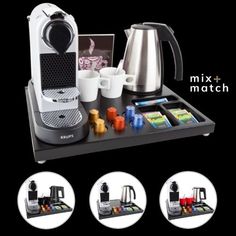 the coffee maker is set up with four different cups and trays to make it easier for