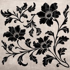 black and white floral design on a beige background, with the word's name below it