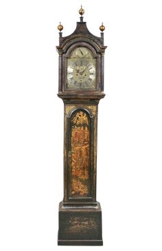 an old grandfather clock on display against a white background