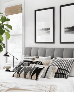 a bedroom with white walls, black and white bedding and plants in the corner