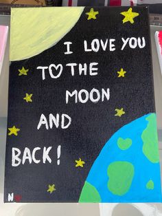 i love you to the moon and back written on a blackboard with stars, planets and clouds