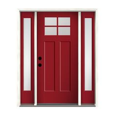 a red front door with two sidelights